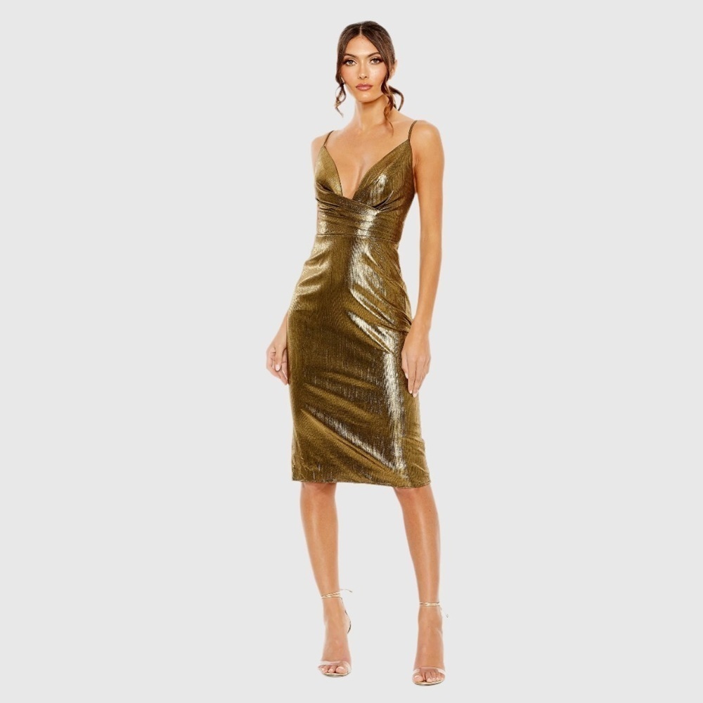 IEENA FOR MAC DUGGAL 27057 NWT 
Gold Metallic V Neck Midi Dress